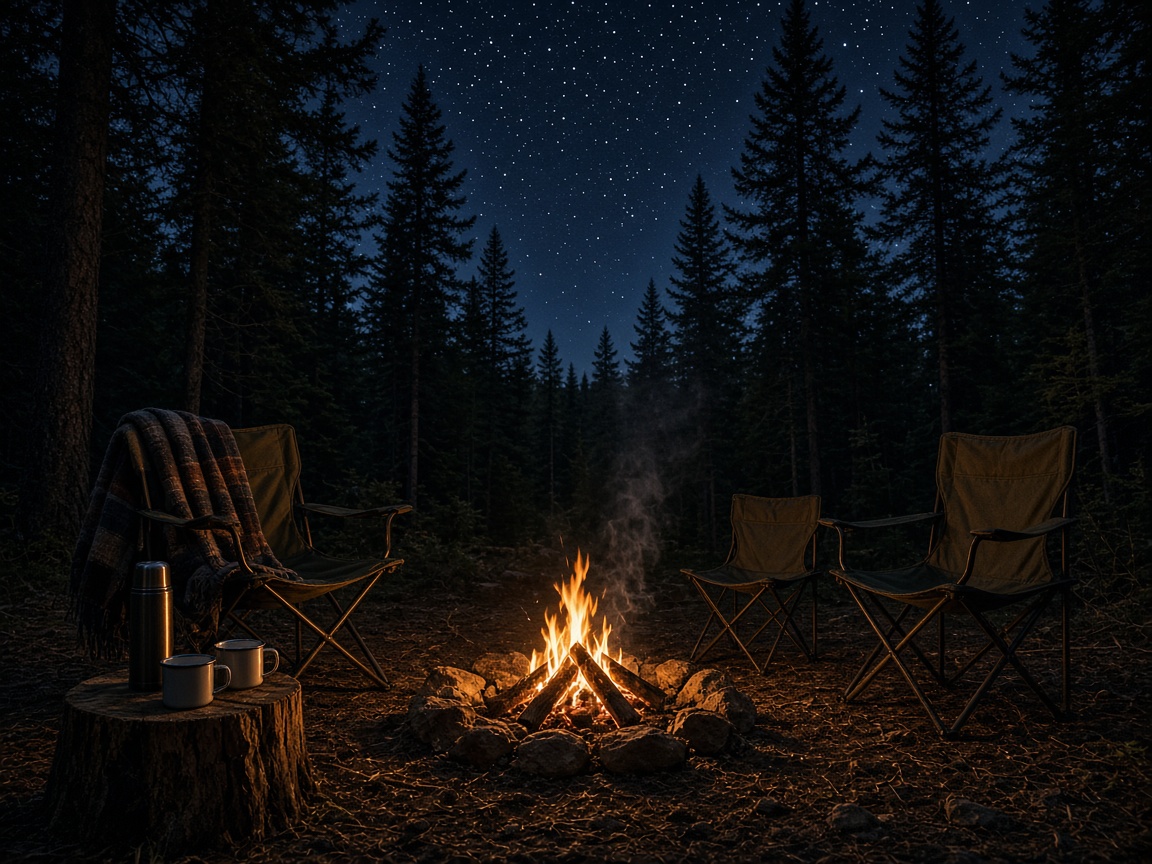 An empty campfire ring and camp chairs under a starry fir forest