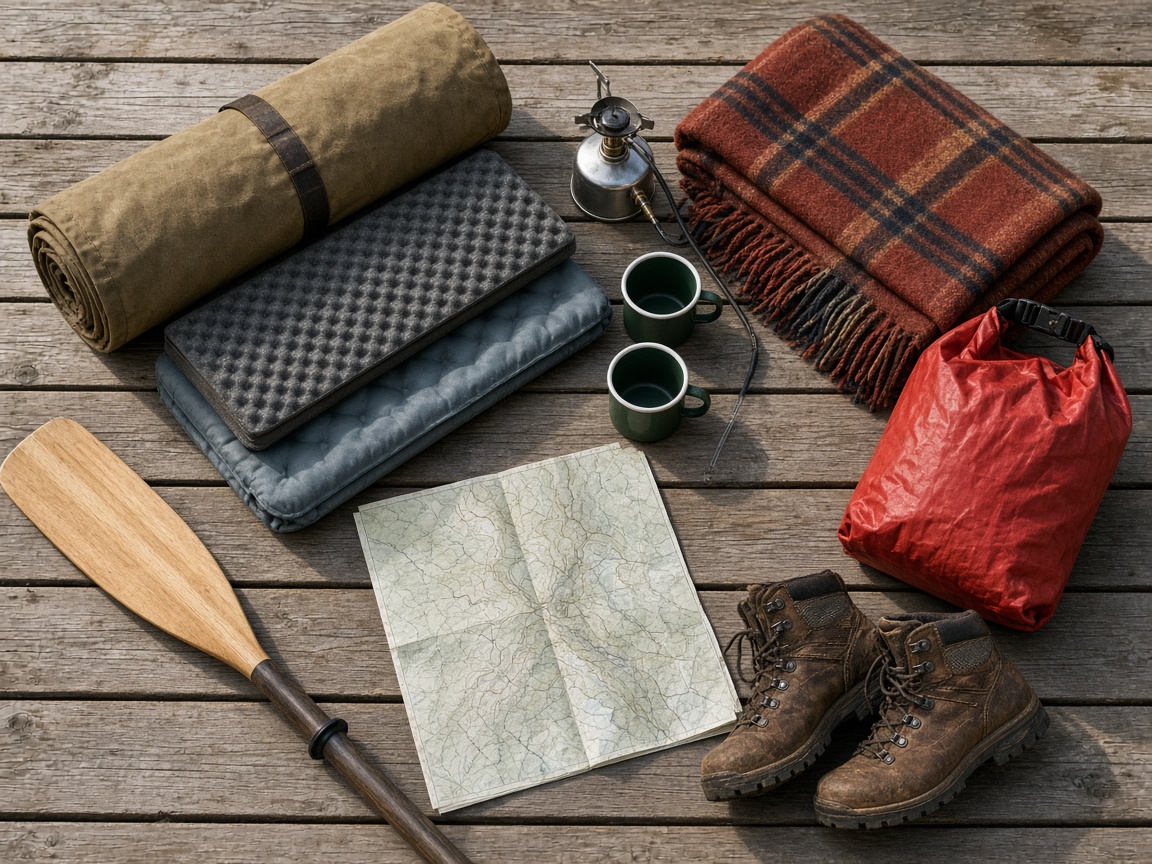 Camping gear laid out on a wooden deck in morning light