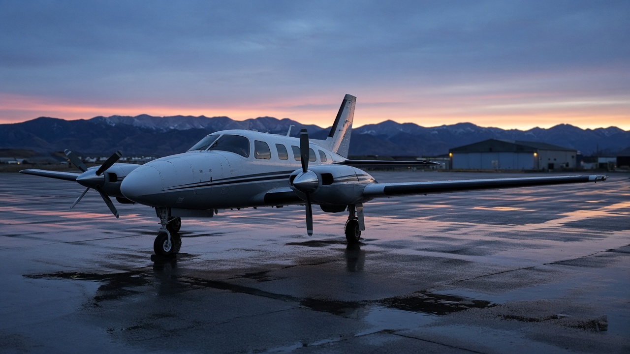 A twin-engine propeller plane on a wet airport ramp at dawn, mountains behind it