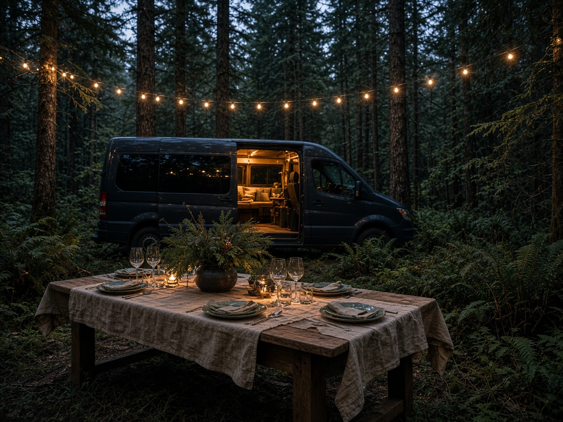 An evening supper table set beside an open van in the woods