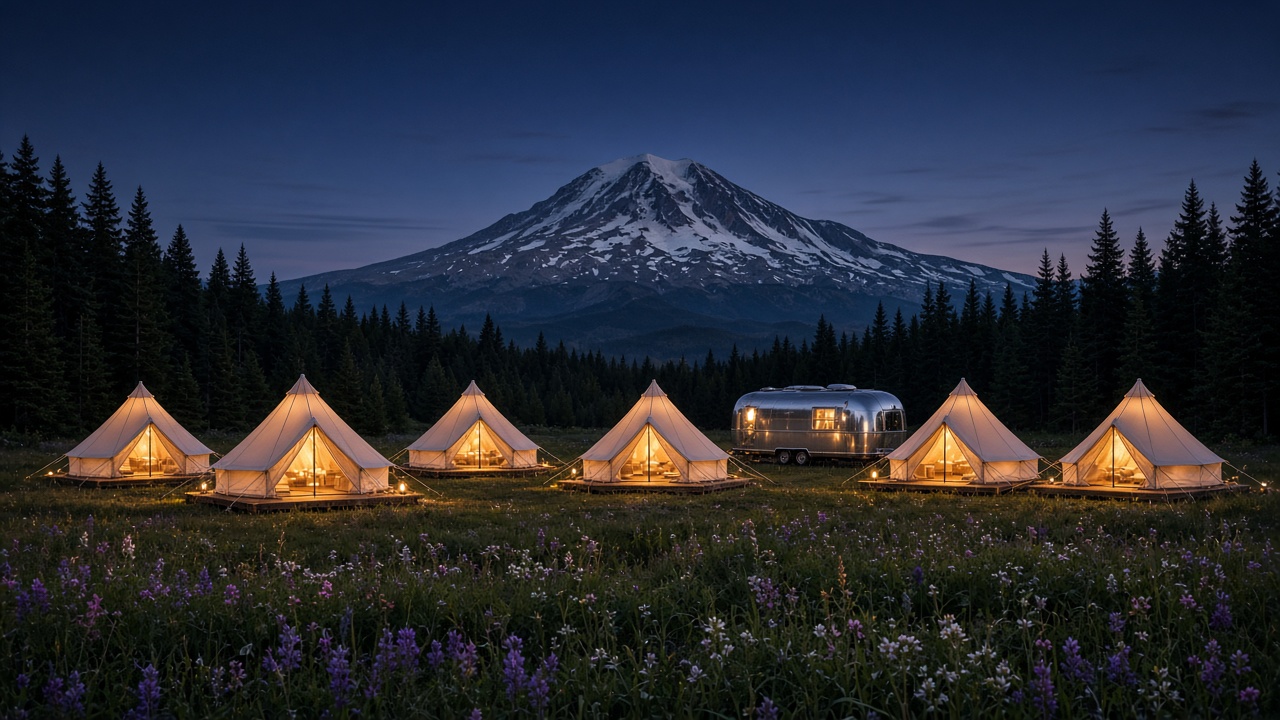 Glowing canvas tents in a meadow at dusk